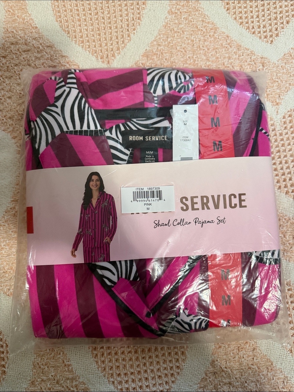 Room Service Pink Zebra-Print Shawl Collar Pajama Set